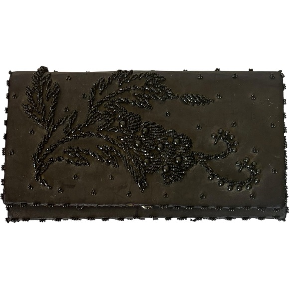 vintage Handbags - Vintage Hong Kong Hand Made Black Beaded Clutch Bag Satin Snap Closure 60s 70s